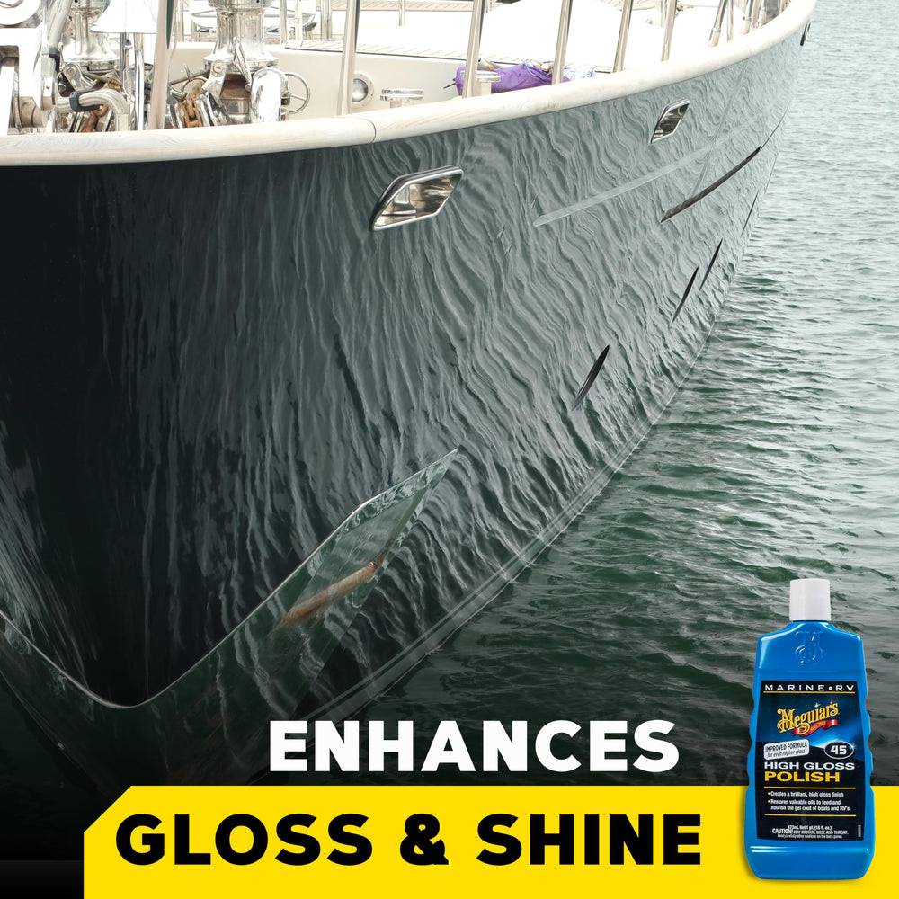 Meguiar's Marine/RV High Gloss Polish hand-application highlights deep, durable fiberglass finish.