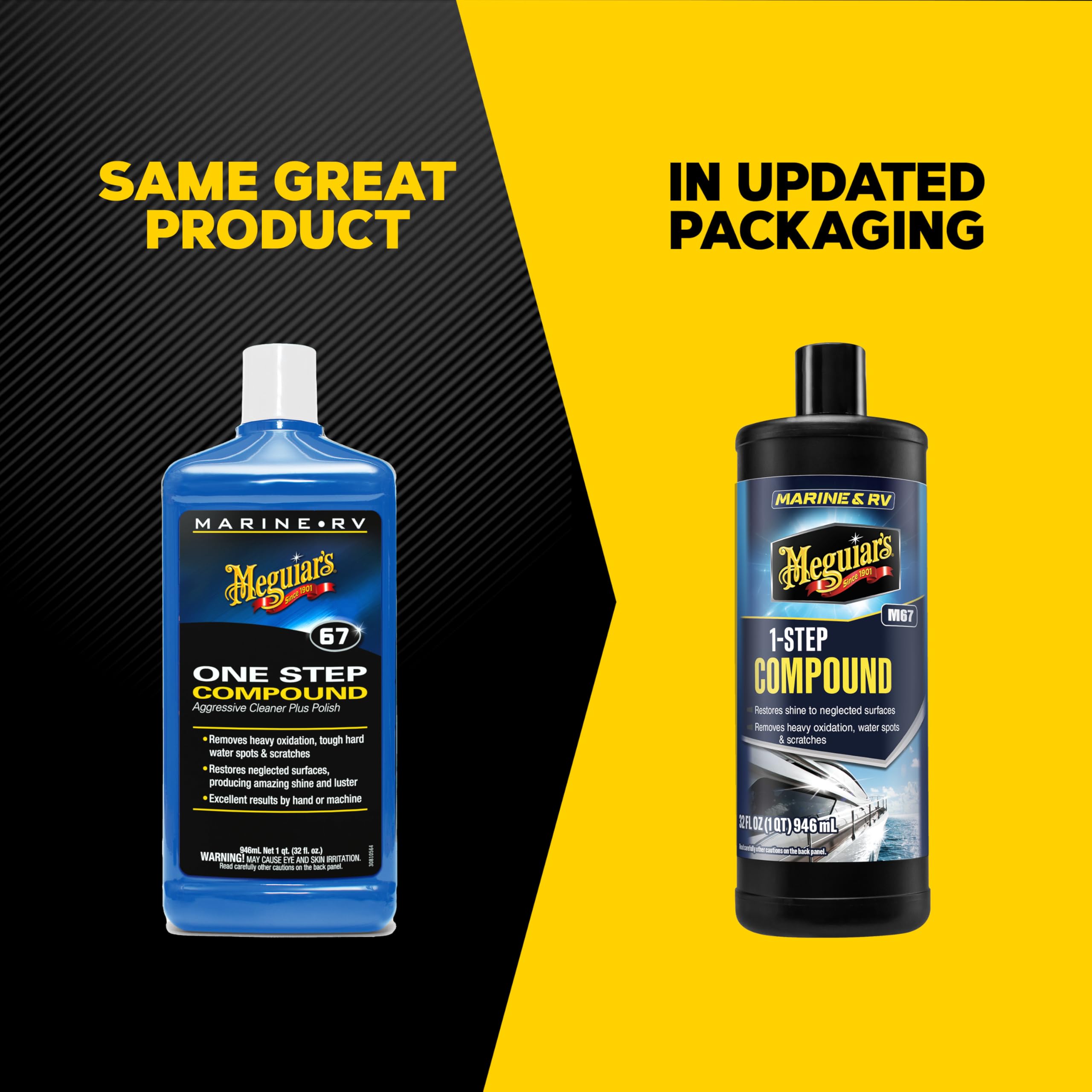 Meguiar's Marine/RV One Step Compound removes oxidation from fiberglass gel coat.