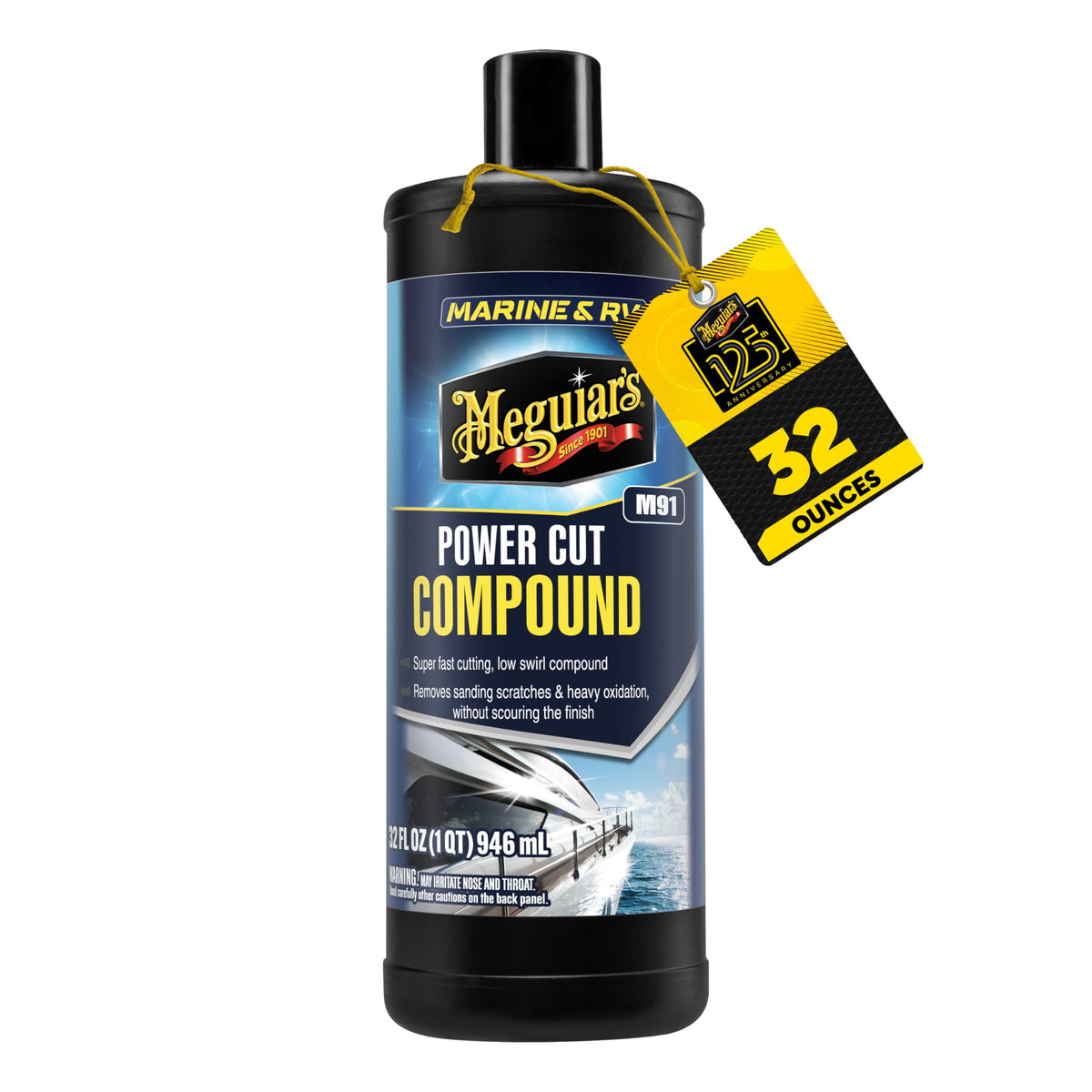 Meguiar's Marine/RV Power Cut Compound during application for fast gel coat correction.