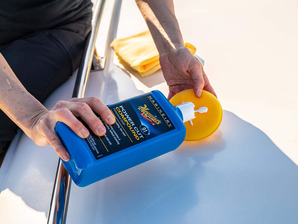 Meguiar's Marine/RV Power Cut Compound applied to fiberglass gel coat reducing swirl.