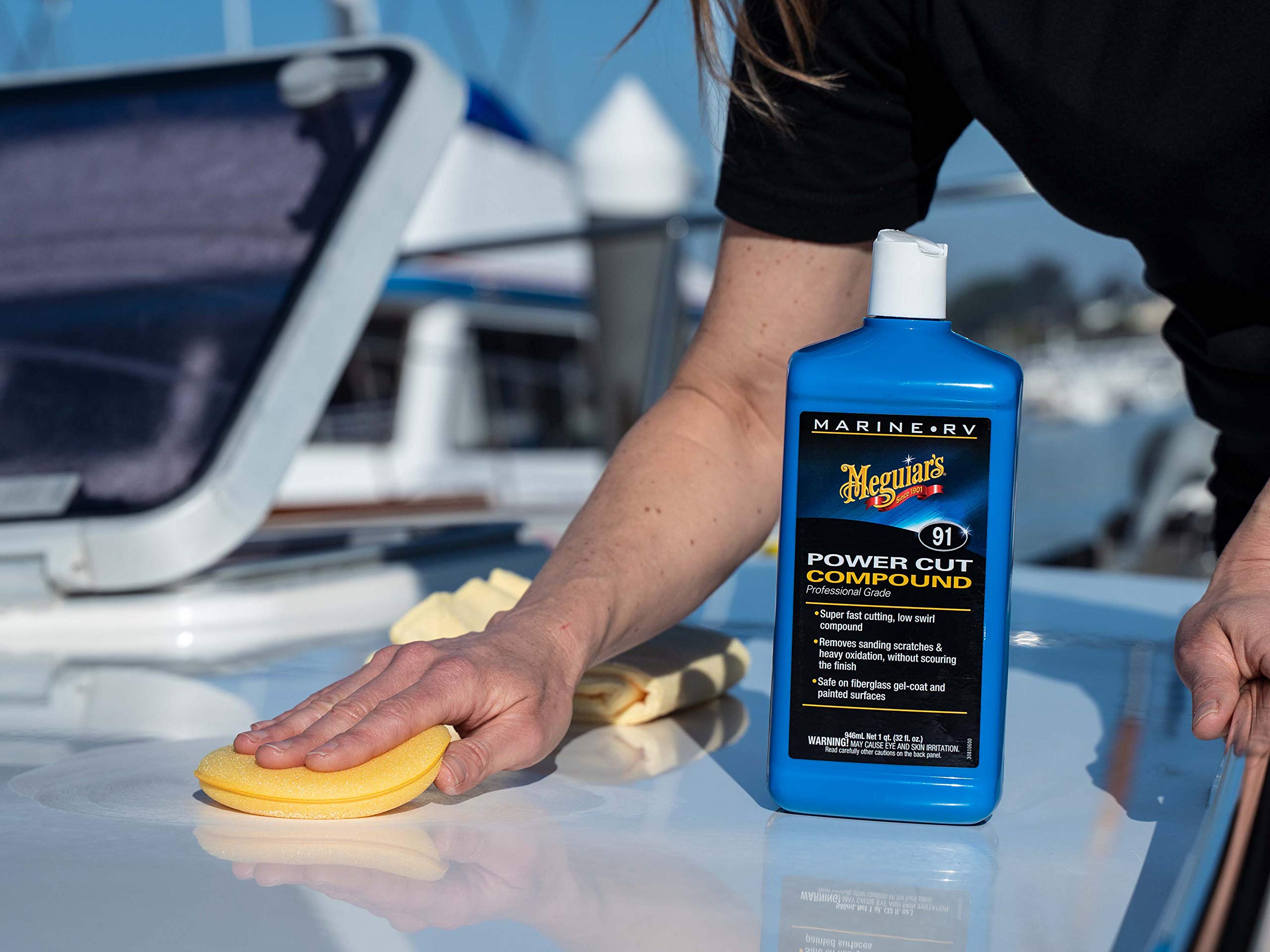 Meguiar's Marine/RV Power Cut Compound removing scratches on fiberglass gel coat.