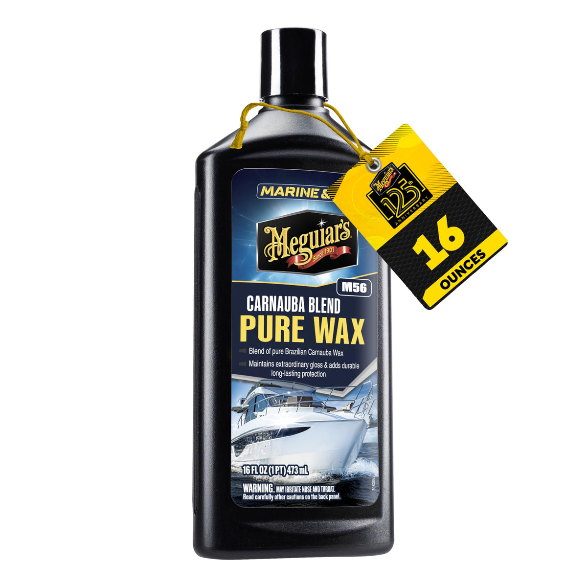 Meguiar's Marine/RV Pure Wax bottle pouring to protect gel coat surfaces