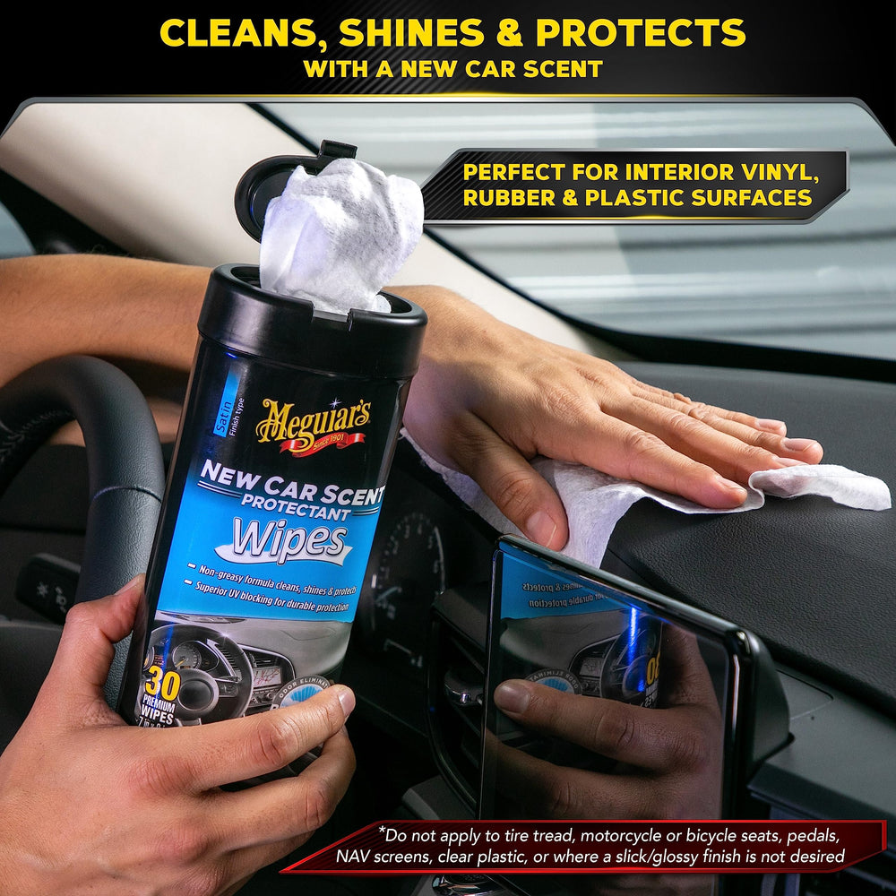 Meguiar's New Car Scent Protectant Wipes dash panel cleaning demonstrates deep clean and satin shine