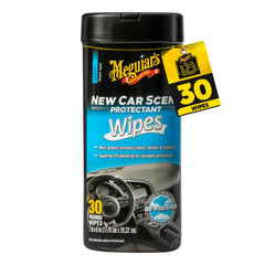 Meguiar's New Car Scent Protectant Wipes pack shot highlights 25 large wipes for all interior surfaces