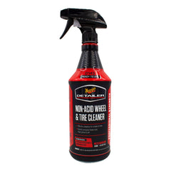 Meguiar's non-acid wheel and tire cleaner bottle demonstrates safe, effective wheel cleaning
