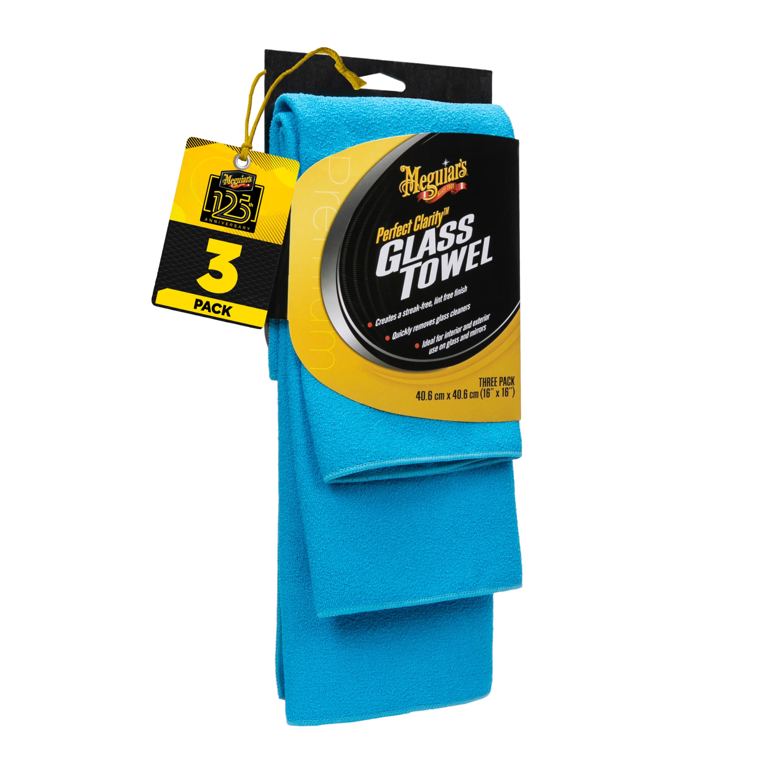 Meguiar's Perfect Clarity glass towels 3-pack blue for streak-free cleaning.