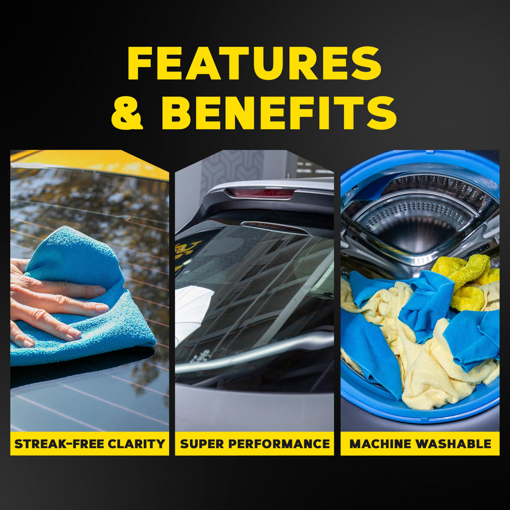 Packaging view showing the three-pack blue towels.