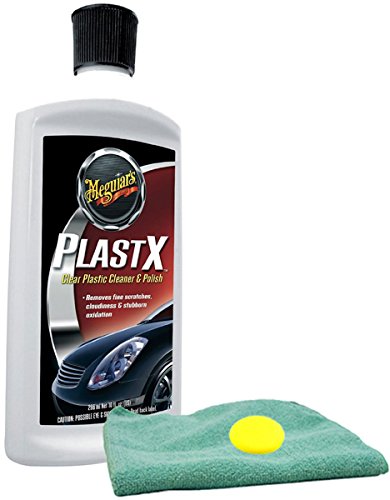 Meguiar's PlastX bottle pour for clear plastics, ideal for headlights and taillights.