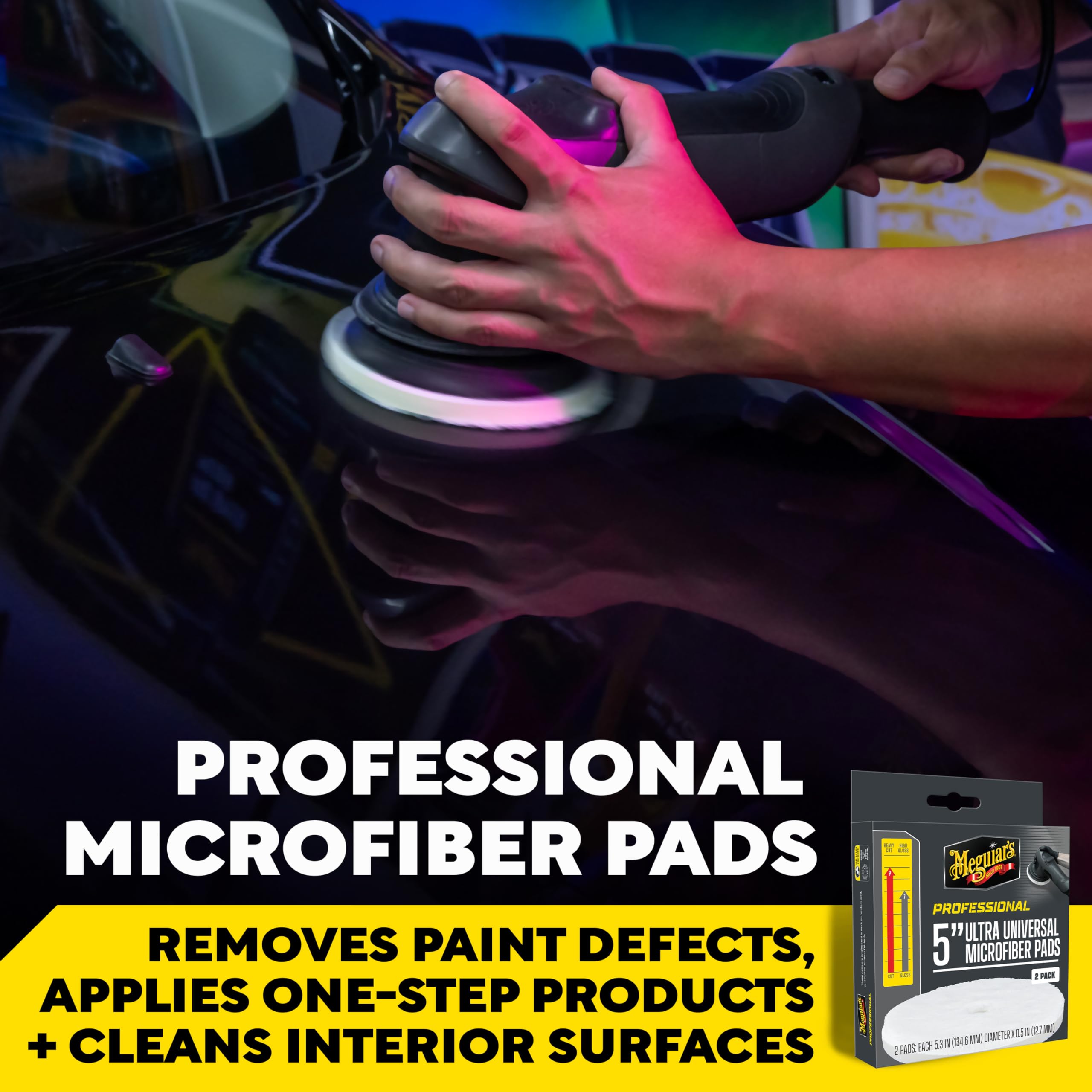 Meguiar's Pro M5MFP2 pad highlights heavy defect removal capability for clear coat perfection.