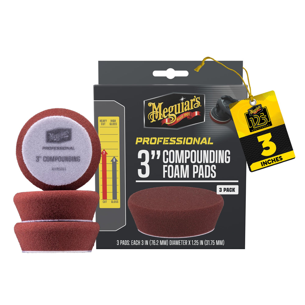 Meguiar's professional 3-inch compounding pad close-up for heavy defect removal.
