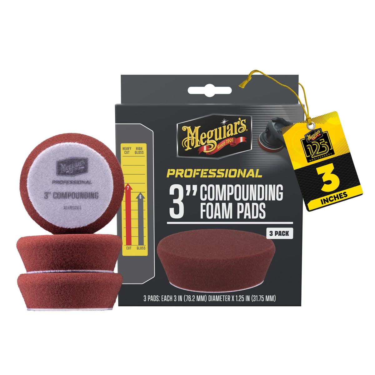 Meguiar's professional 3-inch compounding pad close-up for heavy defect removal.