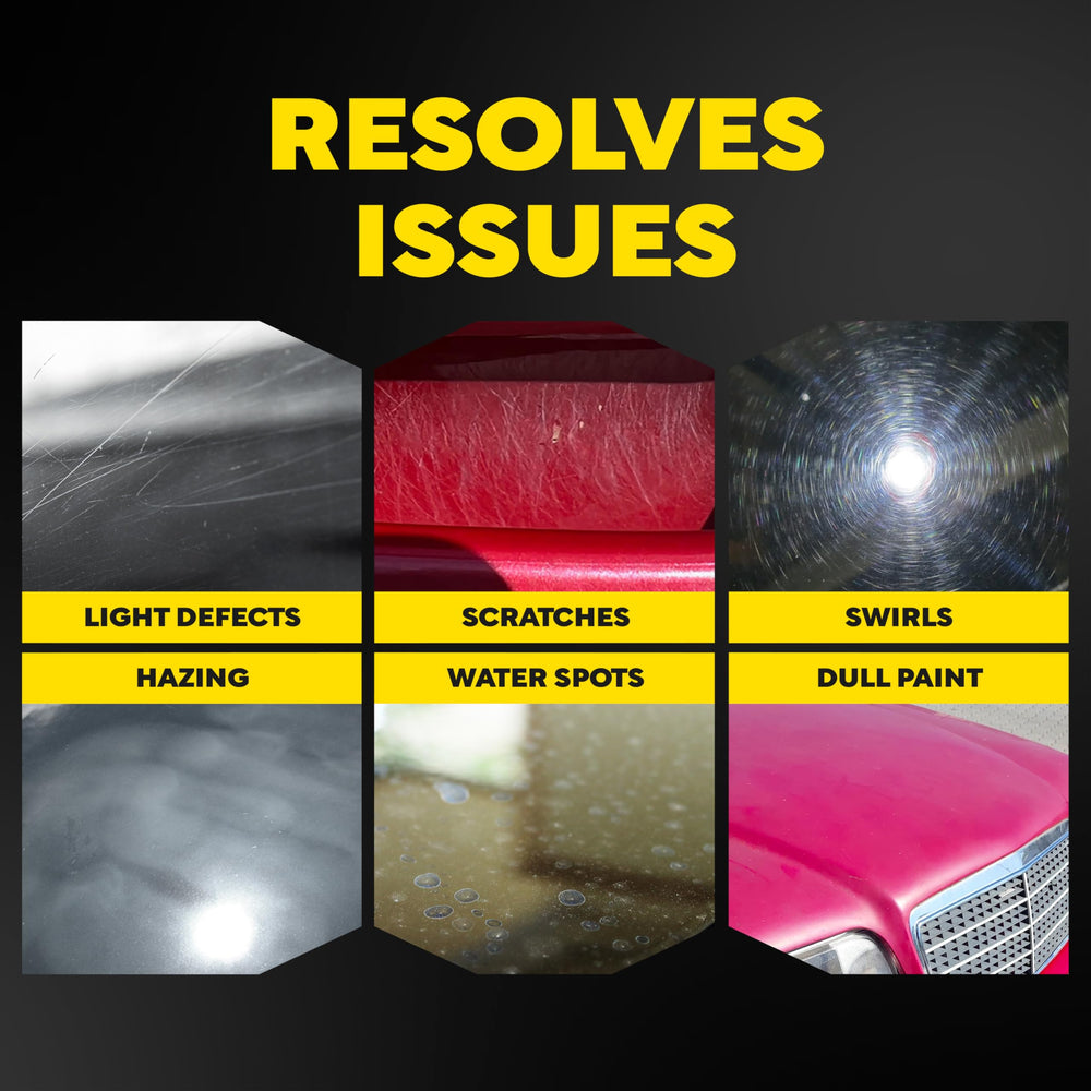 Meguiar's polishing pad in use with a rotary polisher to reduce light defects