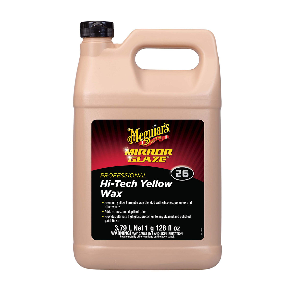 Meguiar's Professional Hi-Tech Yellow Wax bottle pour demonstrates durable protection and rich color.