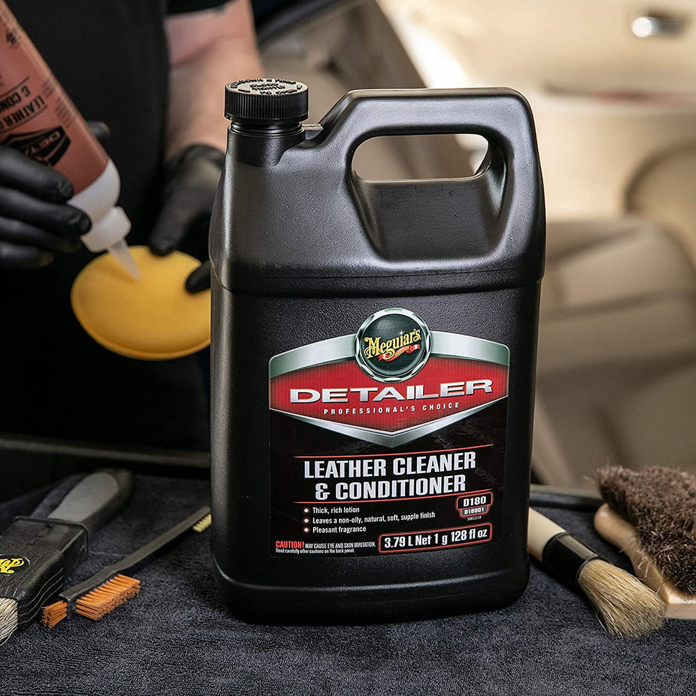 Meguiar's Professional Leather Conditioner bottle showcases conditioning and protection for leather interiors.