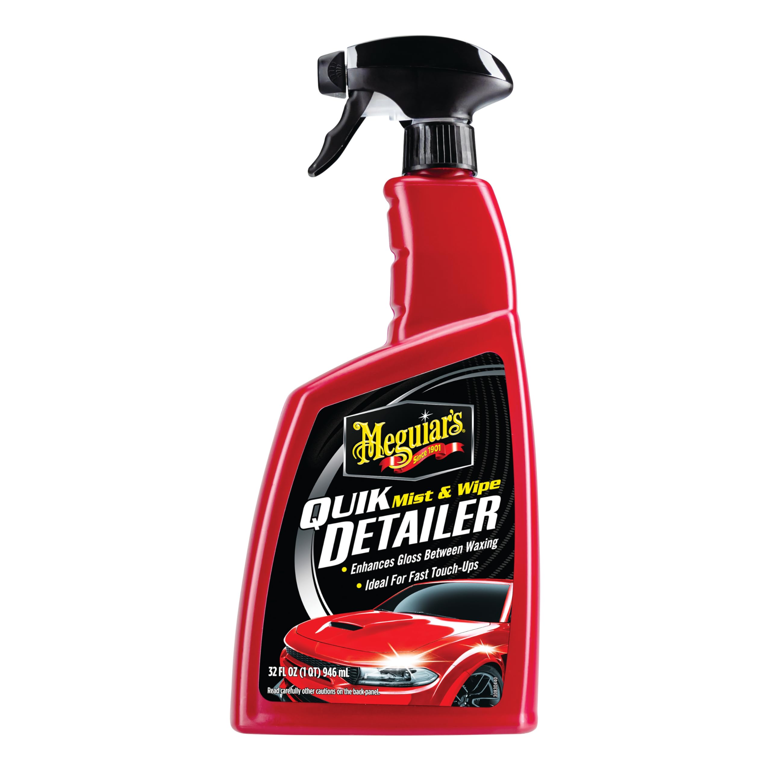 Meguiar's Quik Detailer spray action shown for fast surface cleaning.