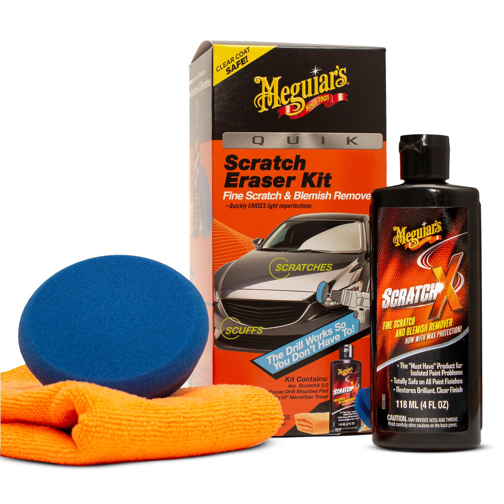 Meguiar's Quik Scratch Eraser Pad attached to a drill for quick blemish removal