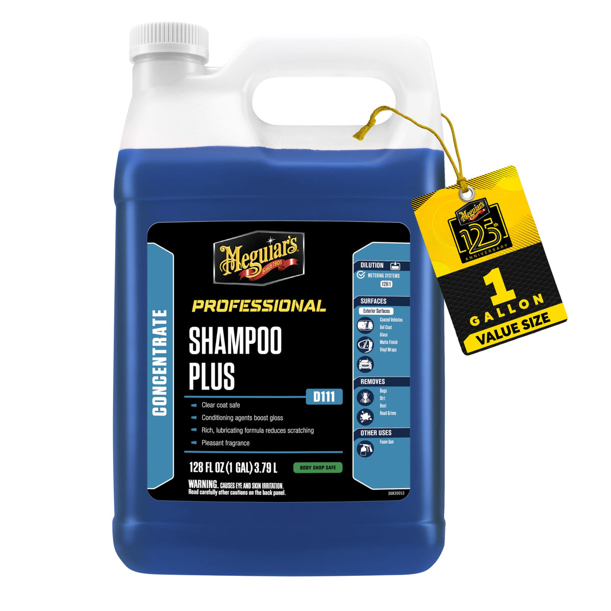 Meguiar's Shampoo Plus bottle pour shows rich foam for a safe, paint-friendly wash.