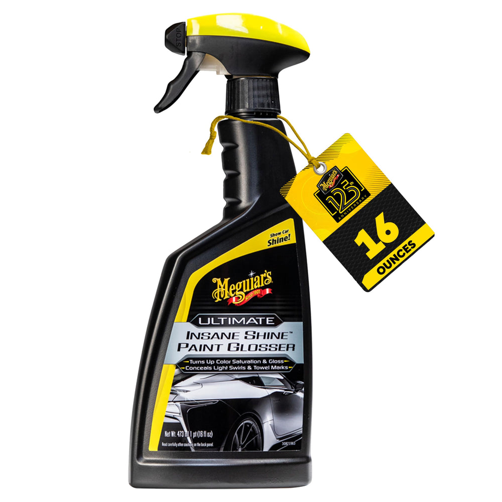 Meguiar's Ultimate Insane Shine bottle delivers mirror-like gloss on painted surfaces.