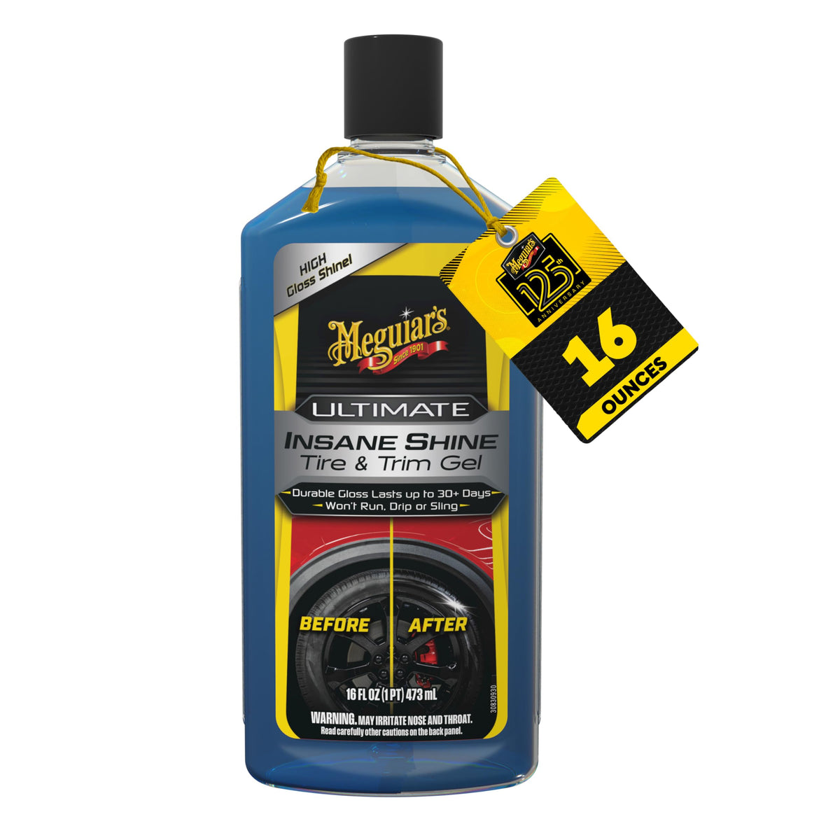 Meguiar's Ultimate Insane Shine Tire Gel bottle showing durable high-gloss protection for tires