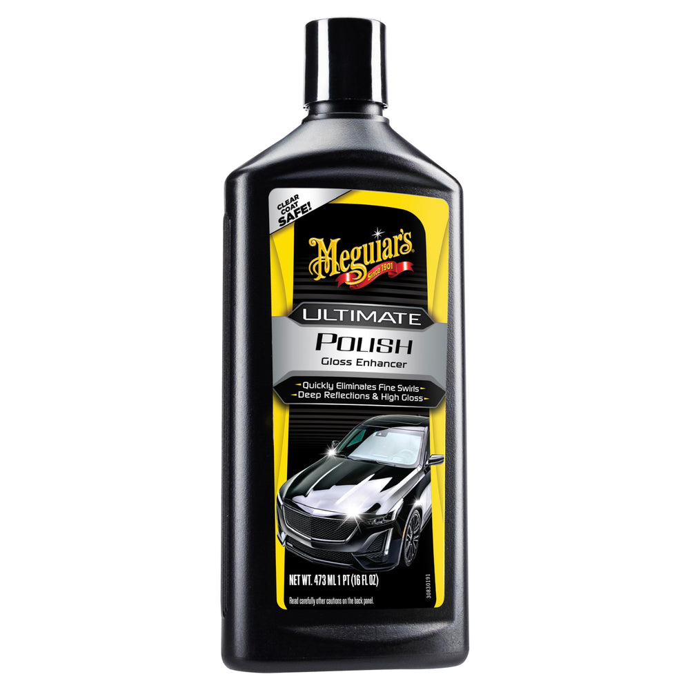 Meguiar's Ultimate Polish application-pad use enhances swirl removal and gloss.