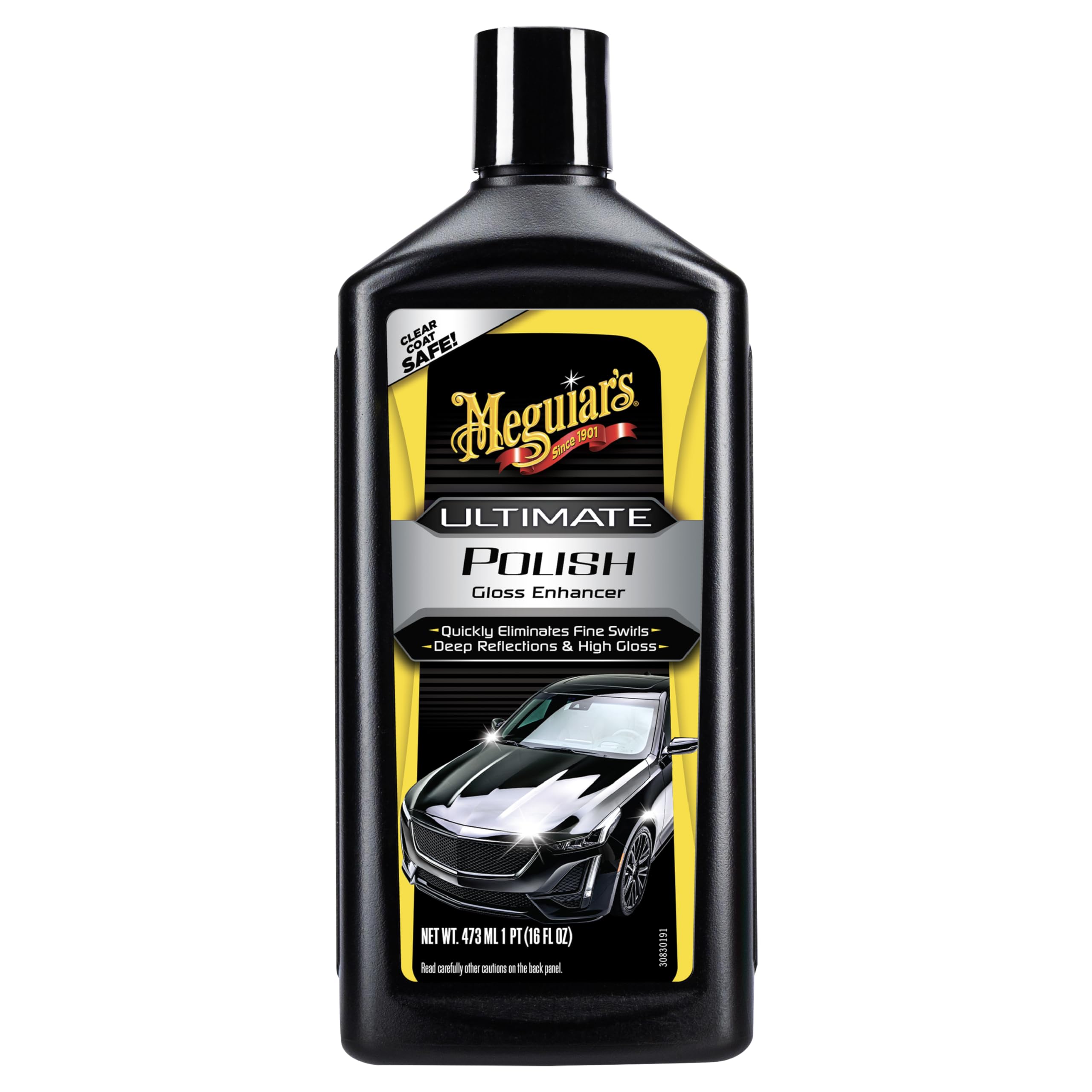 Meguiar's Ultimate Polish bottle pour preps for deep reflections before waxing.