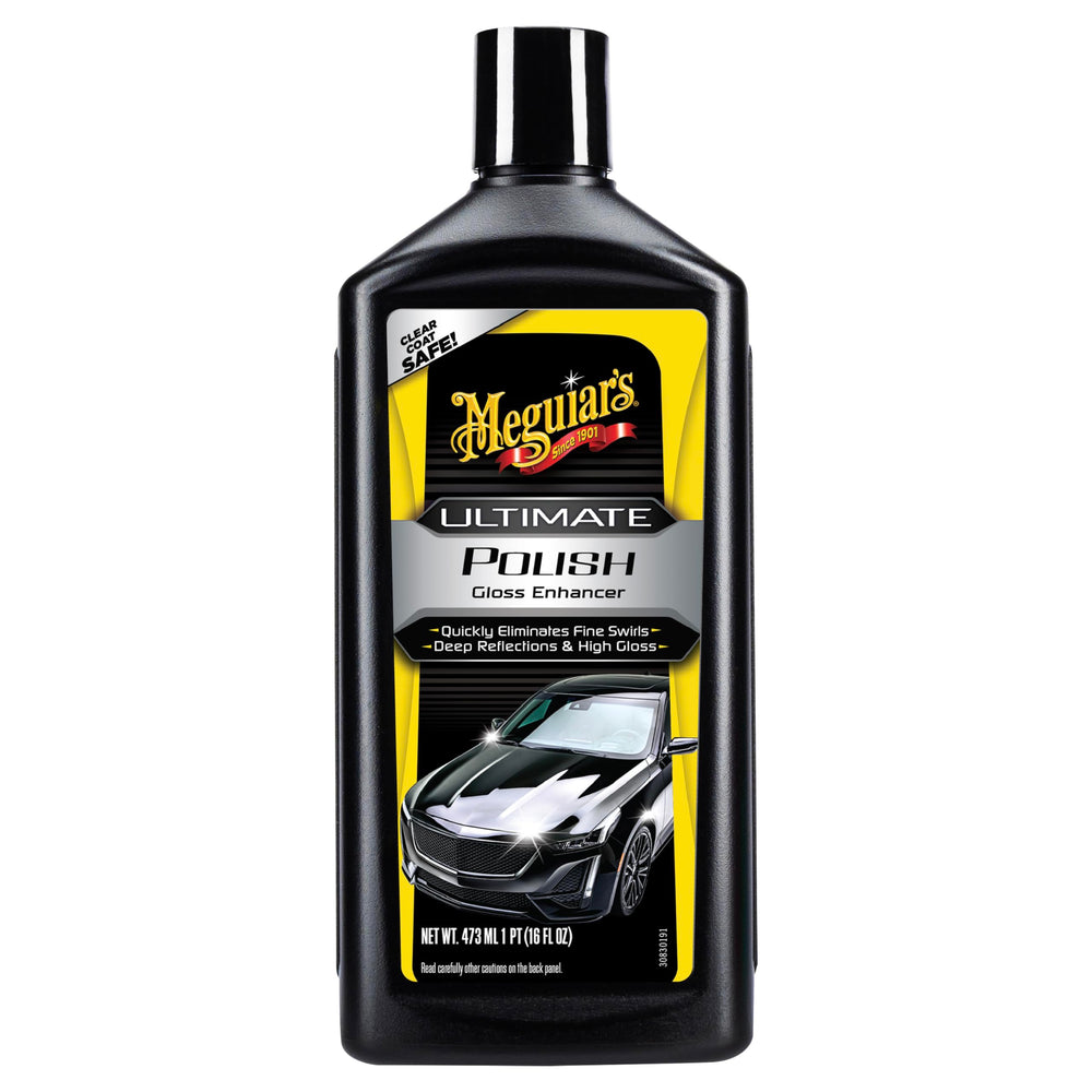 Meguiar's Ultimate Polish bottle pour preps for deep reflections before waxing.