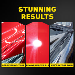 Meguiar's Ultimate Polish high-gloss finish yields vibrant reflections on dark-colour cars.