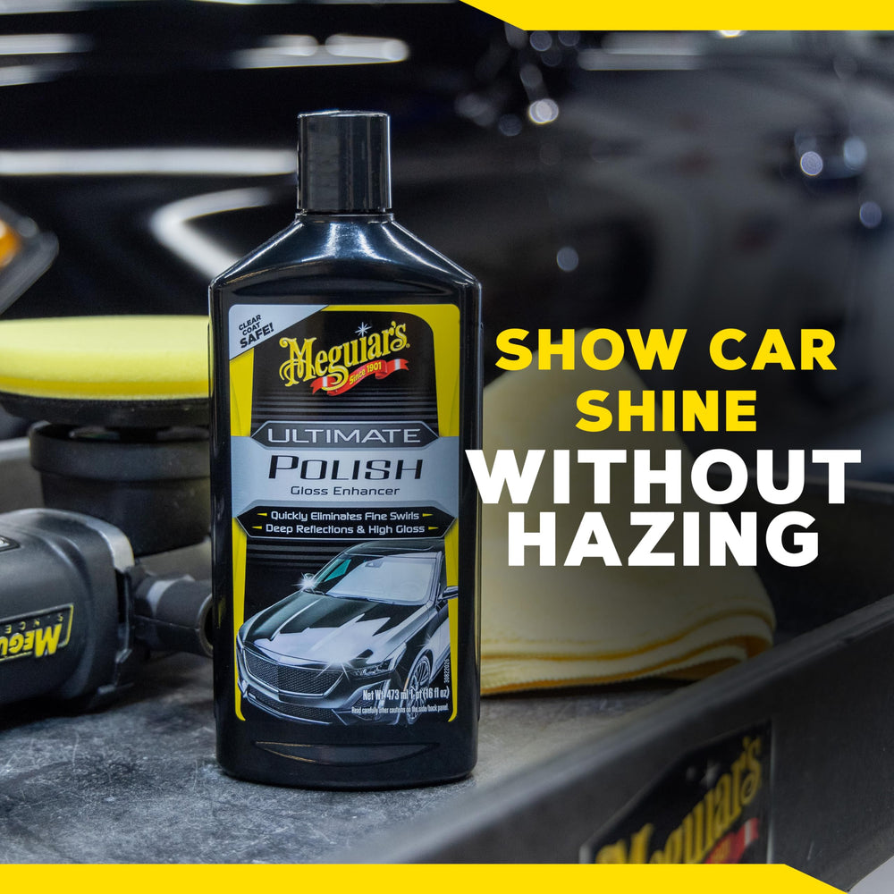 Meguiar's Ultimate Polish supports mirror-like reflections before applying Meguiar's Liquid Wax.