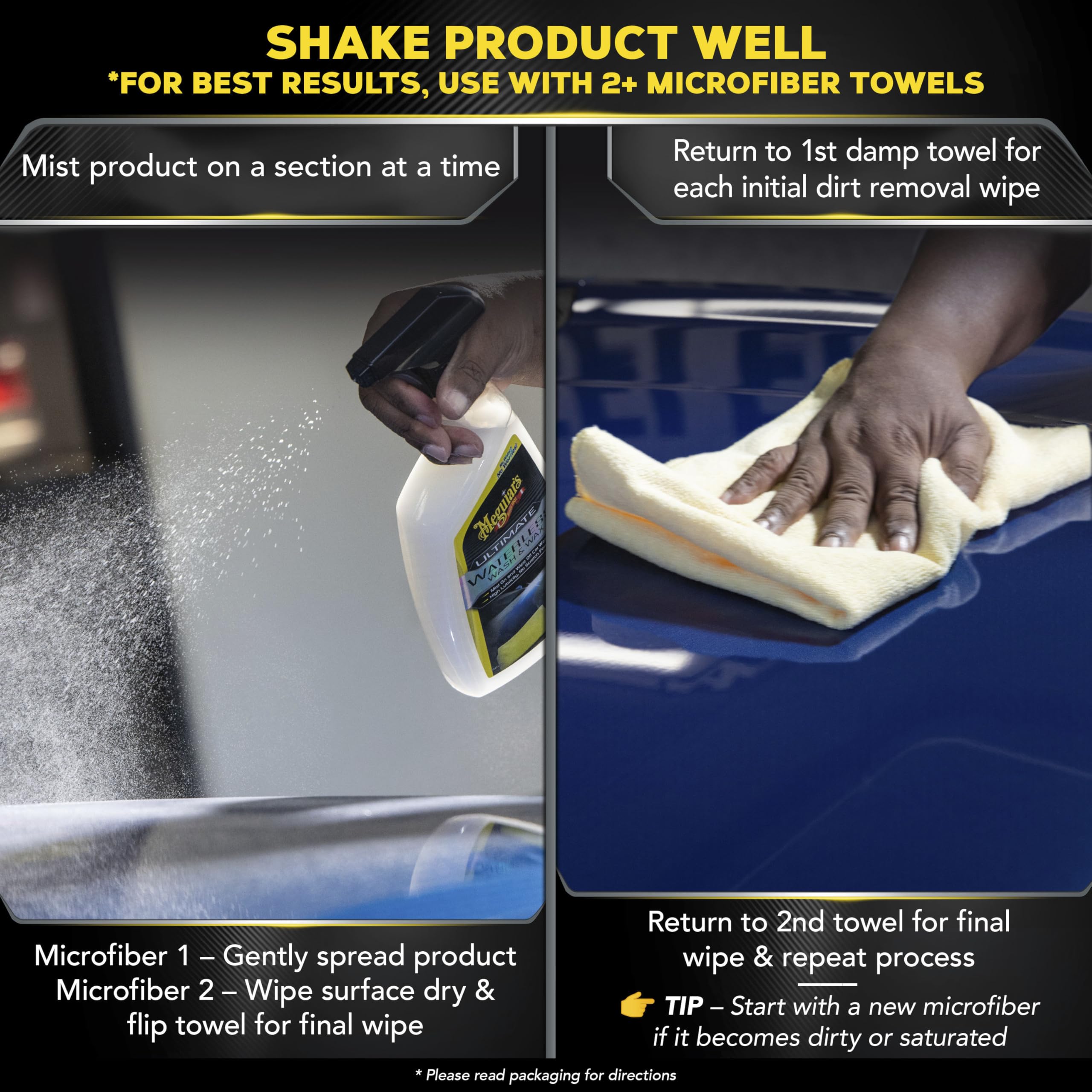 Microfiber towel gliding over clear coat with Meguiar's formula