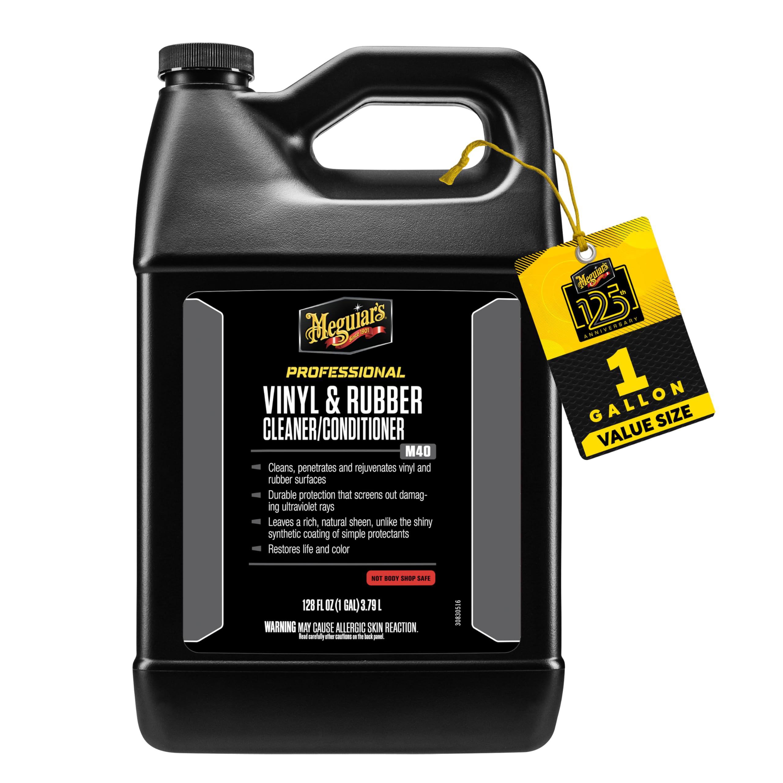 Meguiar's Vinyl & Rubber Cleaner/Conditioner bottle pour restores interior and exterior trim with UV protection.