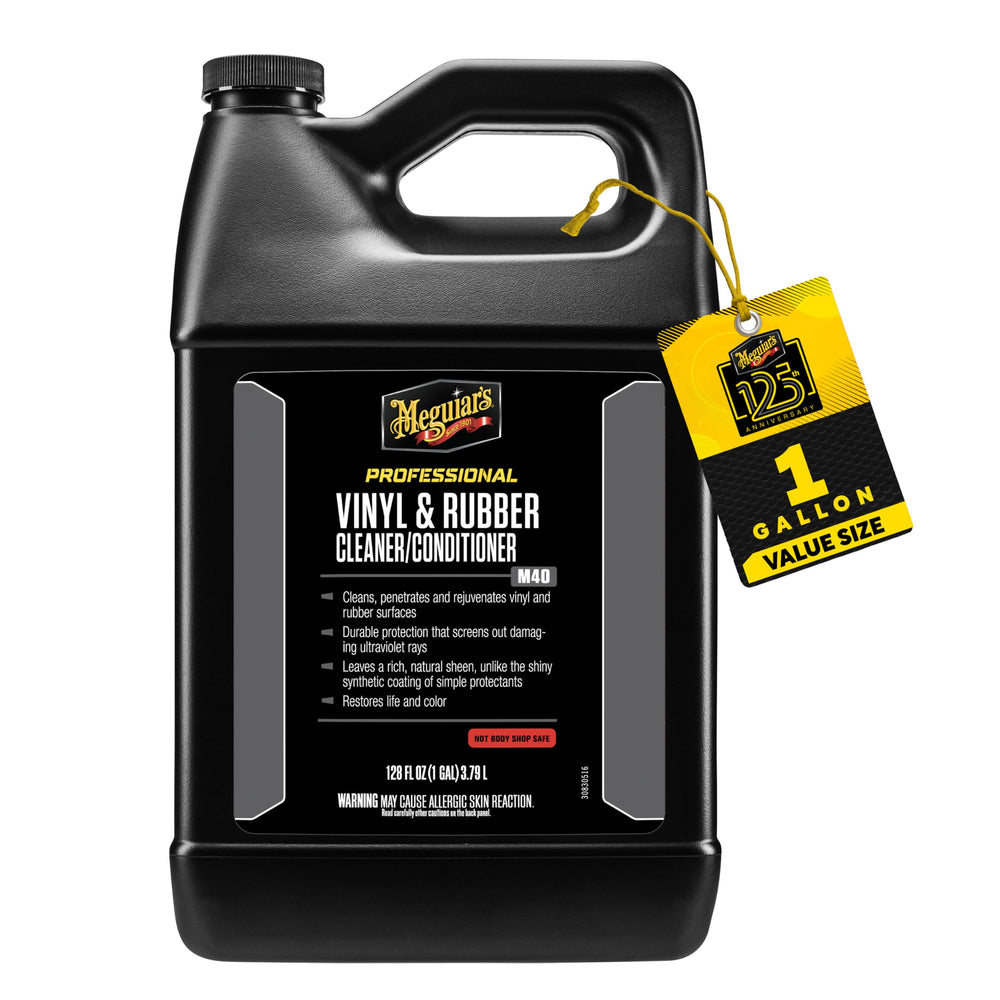 Meguiar's Vinyl & Rubber Cleaner/Conditioner bottle pour restores interior and exterior trim with UV protection.
