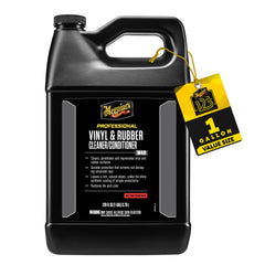 Meguiar's Vinyl & Rubber Cleaner/Conditioner bottle pour restores interior and exterior trim with UV protection.