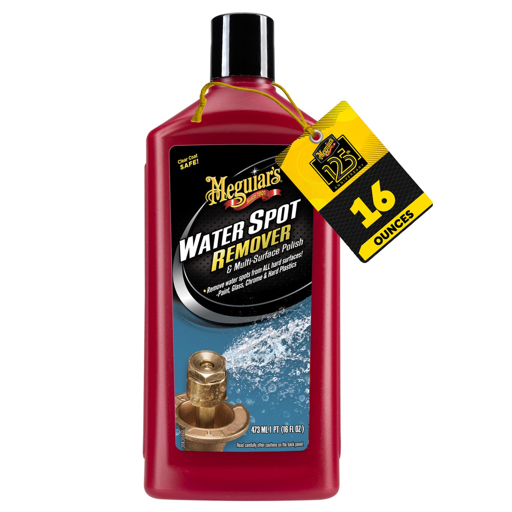 Meguiar's Water Spot Remover bottle shown for easy spot removal on clear coat