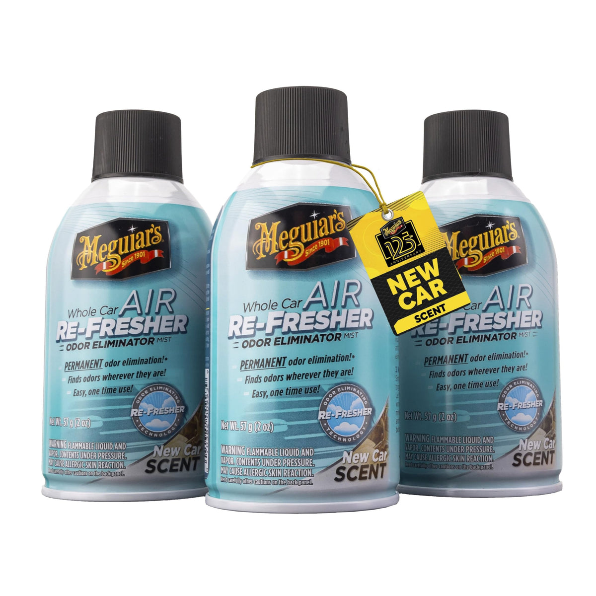 Meguiar's Whole Car Air Refresher bottle ready to tackle interior odors.