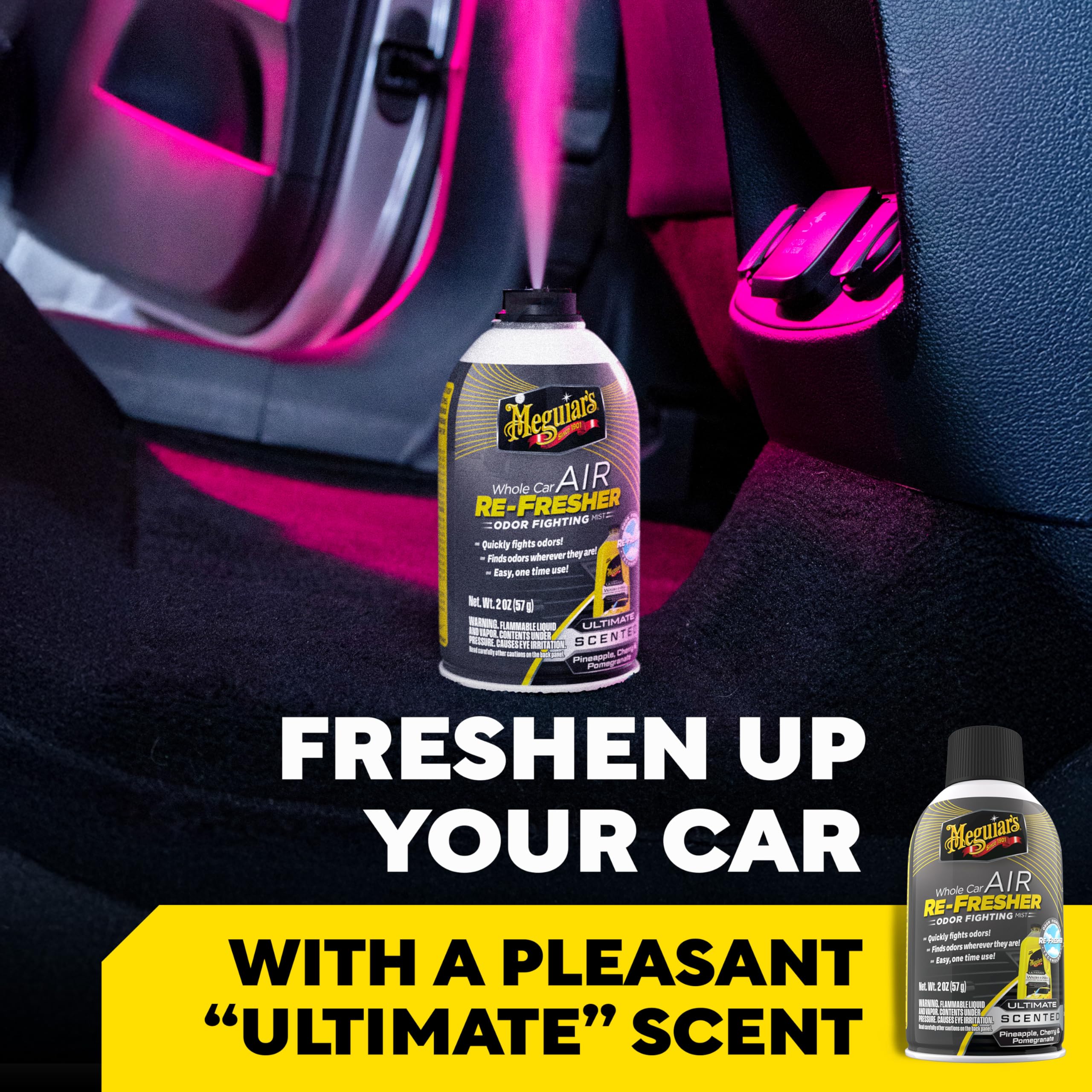 Meguiar's Ultimate odor-fighting mist dispersing through car cabin.