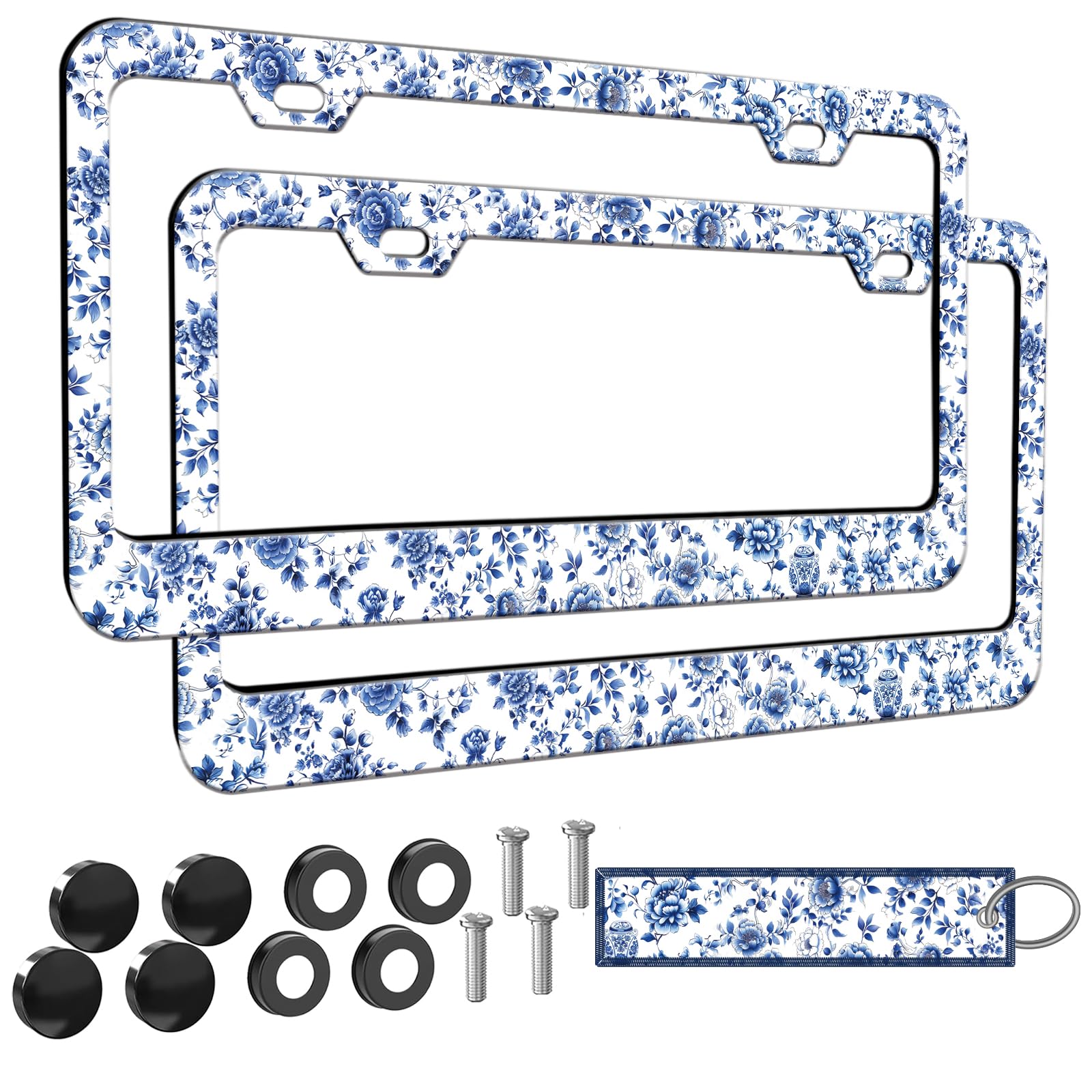 Meigfedam blue floral license frame highlights porcelain-inspired pattern for a chic car upgrade.