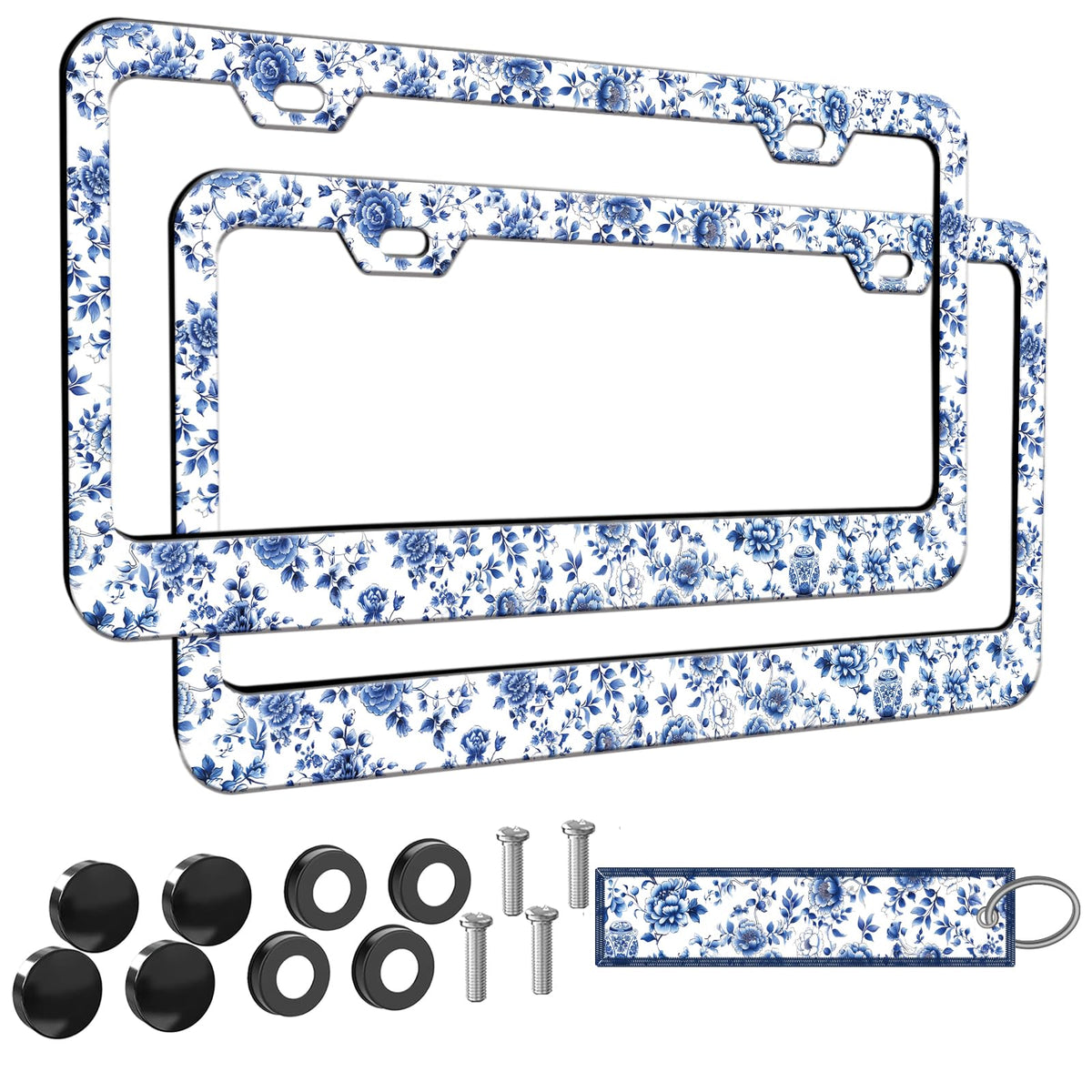 Meigfedam blue floral license frame highlights porcelain-inspired pattern for a chic car upgrade.