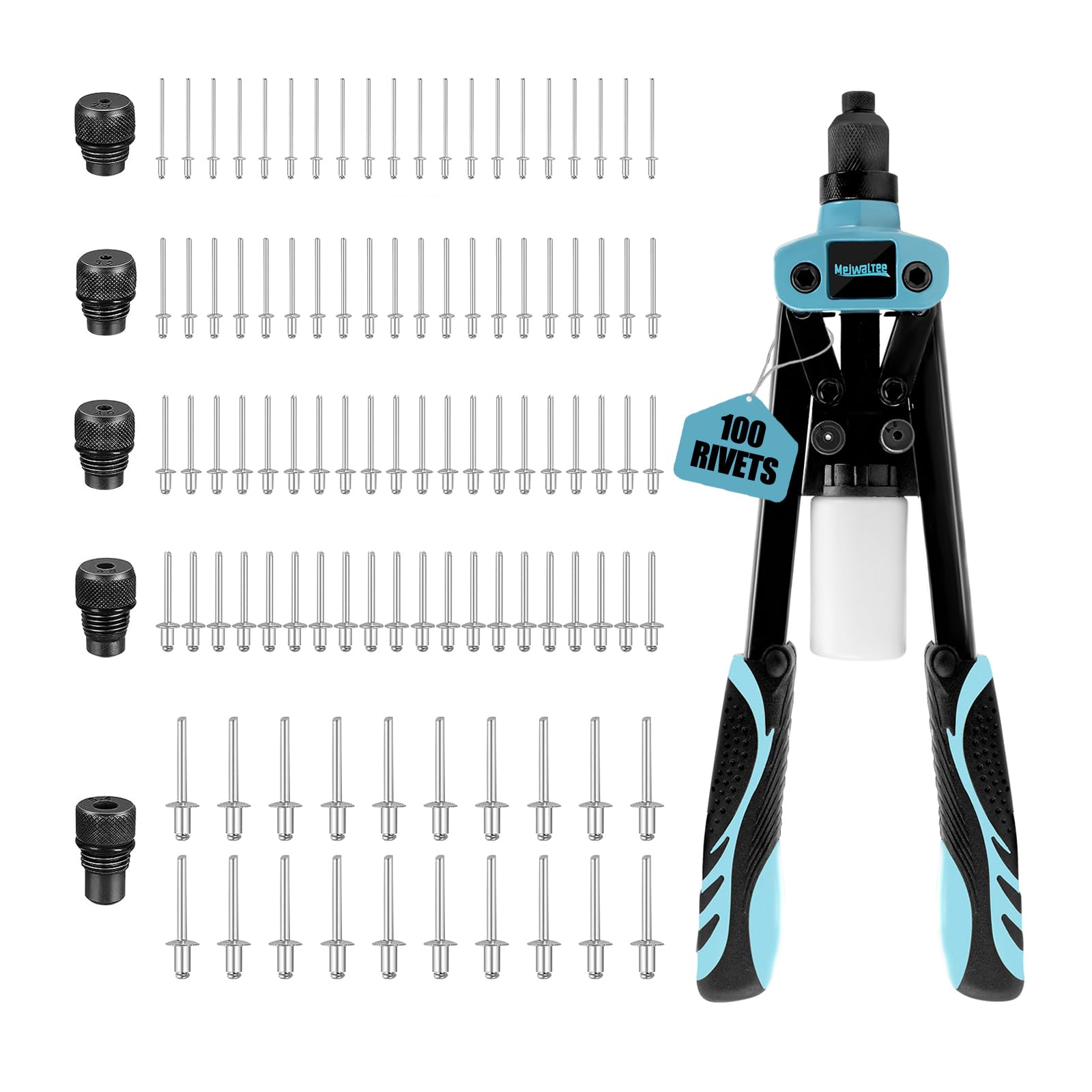 Meiwaltee 13 inch rivet gun with five interchangeable noses for versatile riveting.