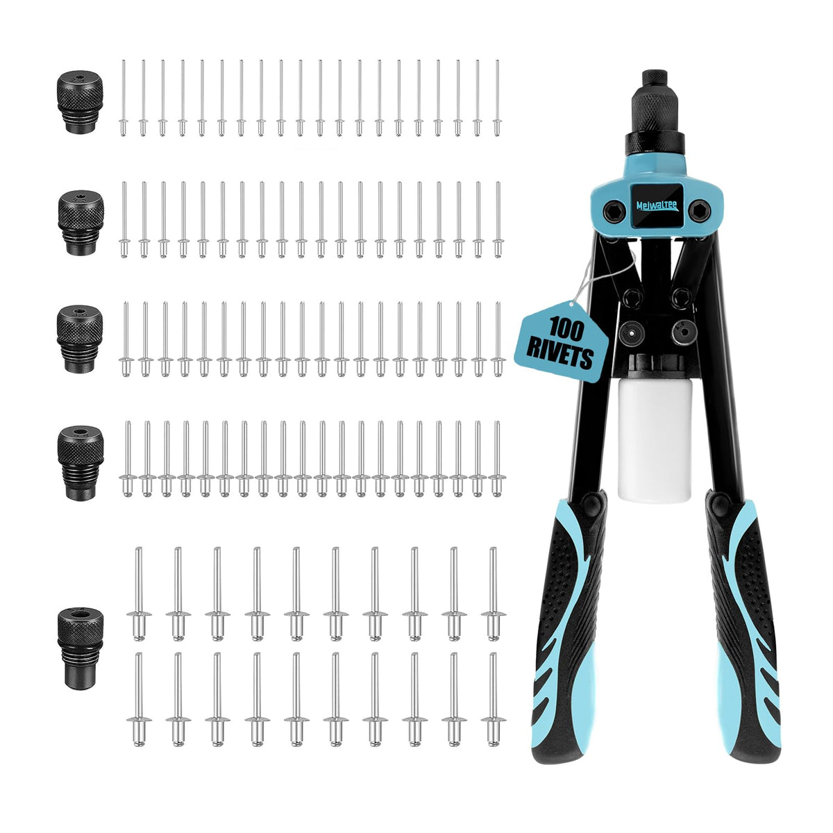 Meiwaltee 13 inch rivet gun with five interchangeable noses for versatile riveting.