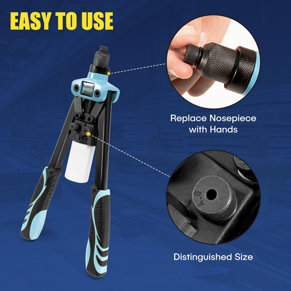 Meiwaltee rivet gun knurled nosepiece storage enables quick changes.