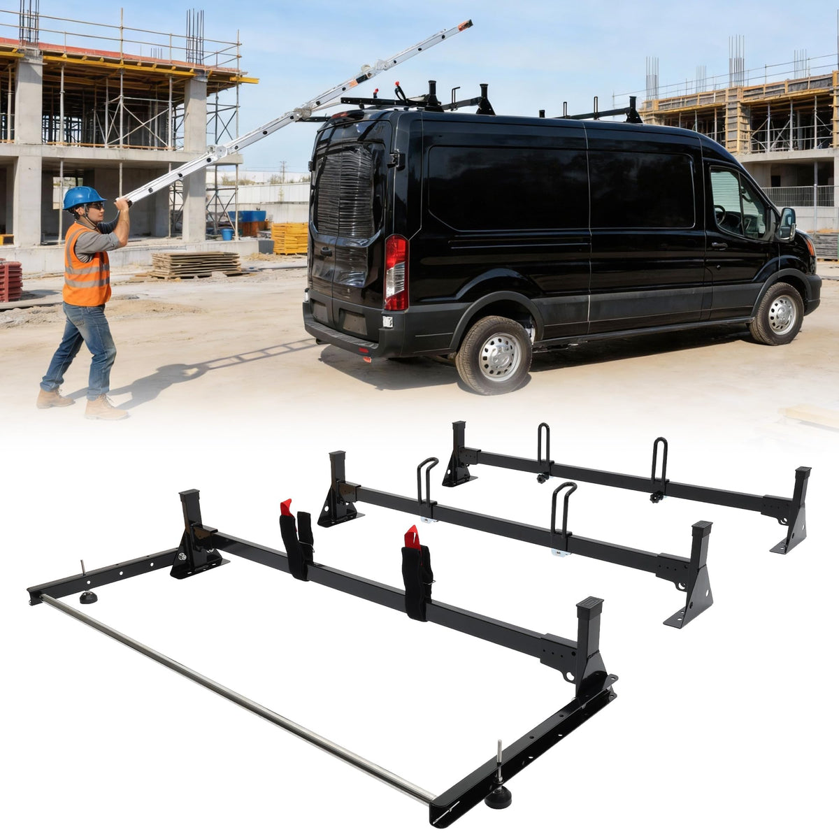 MELIPRON 800lbs van roof ladder rack with rear roller for solo loading