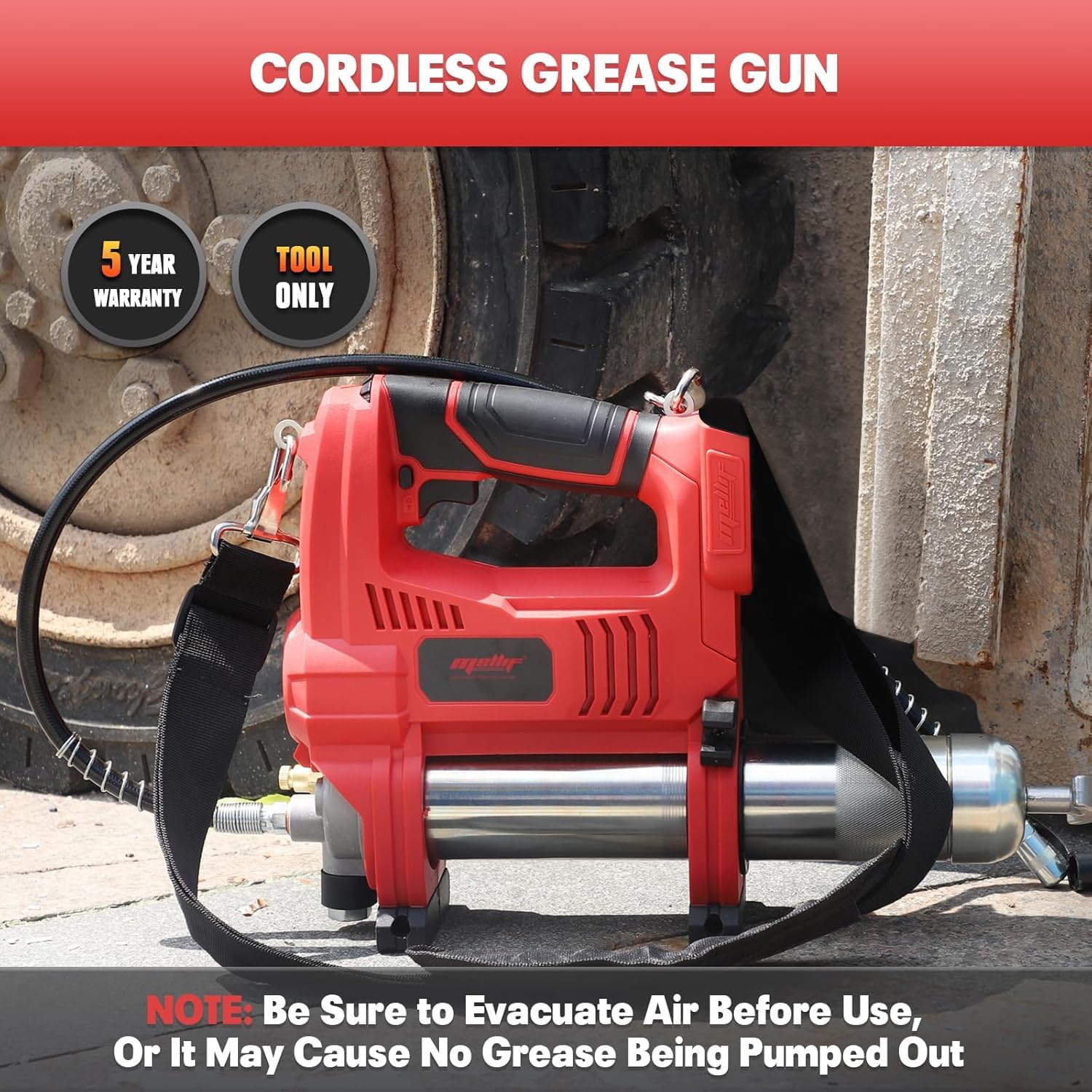 Mellif grease gun with 14 oz capacity cartridge for longer projects.