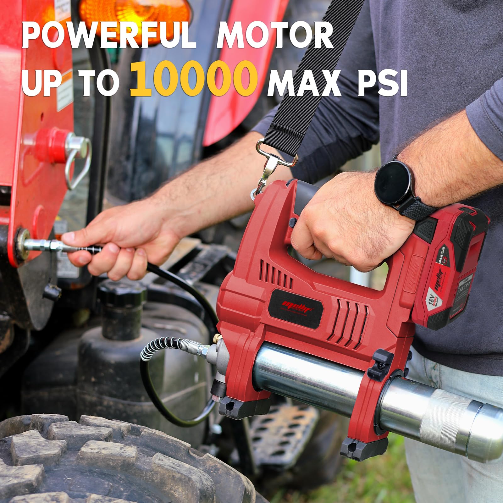 Mellif grease gun with LED light illuminates dark work areas.