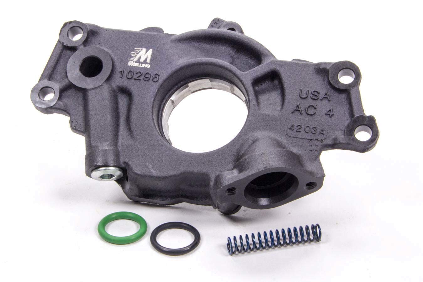 Melling engine oil pump front view highlighting high-flow reliability.