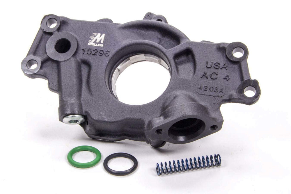 Melling engine oil pump front view highlighting high-flow reliability.