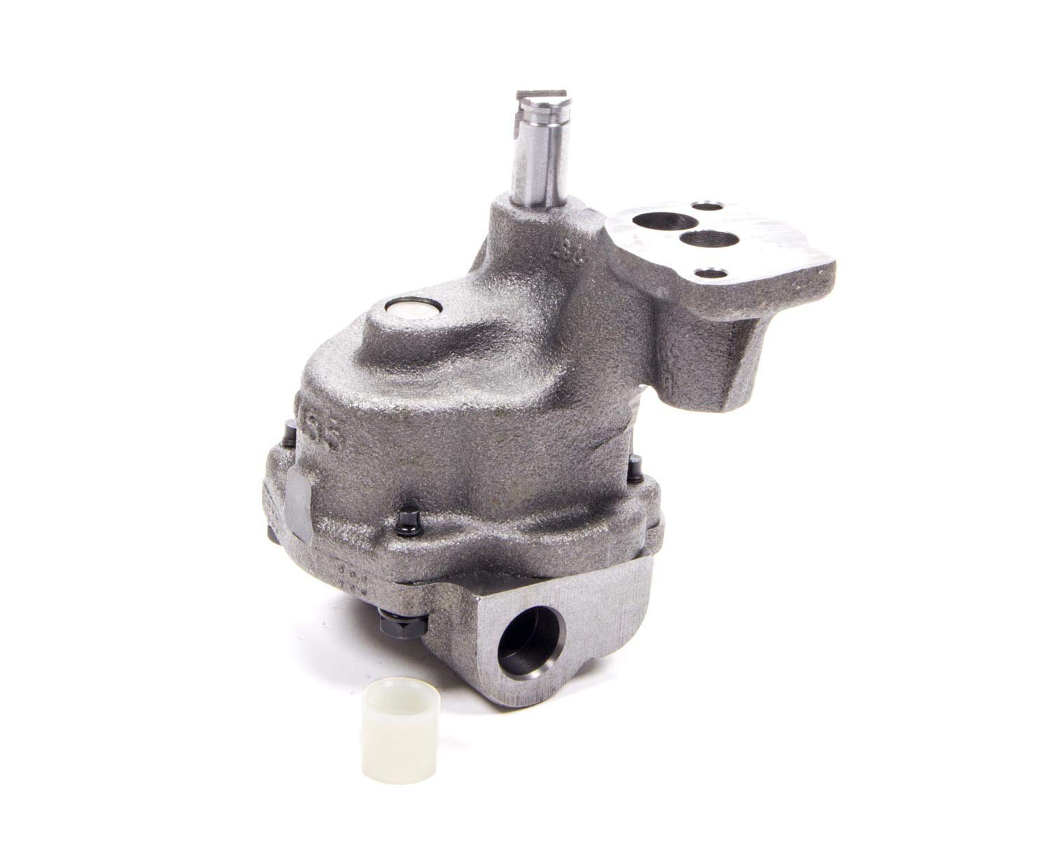 Melling M55 replacement oil pump close-up for Small Block Chevy, cast-iron housing for durability.