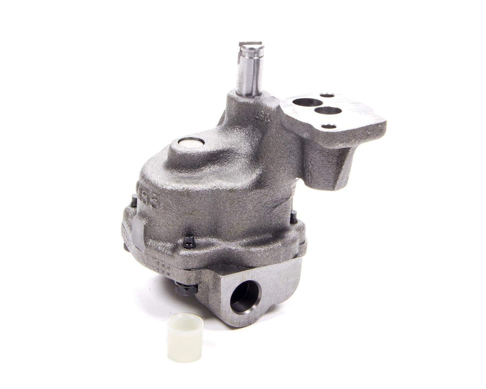 Melling M55 replacement oil pump close-up for Small Block Chevy, cast-iron housing for durability.