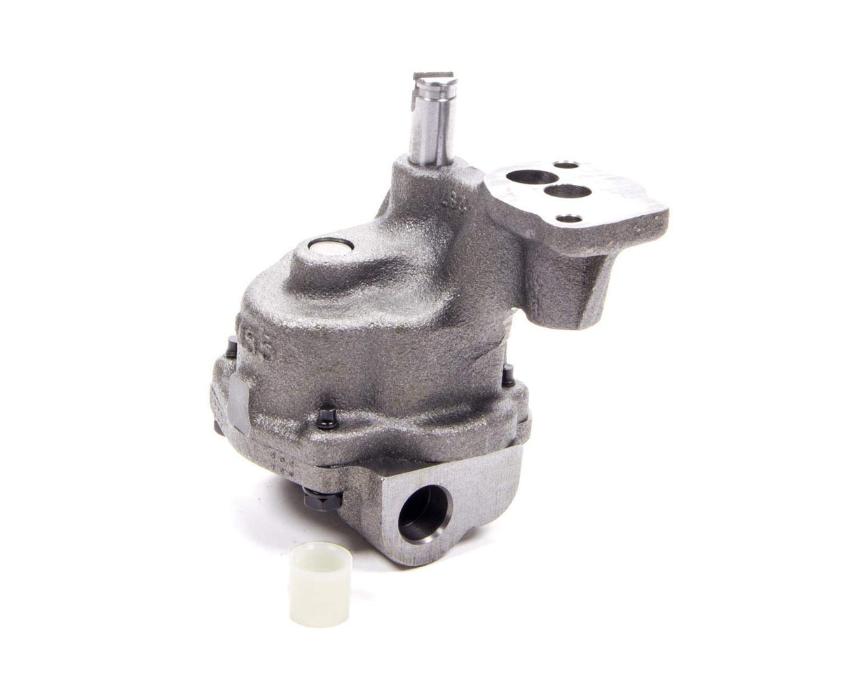 Melling M55 replacement oil pump close-up for Small Block Chevy, cast-iron housing for durability.