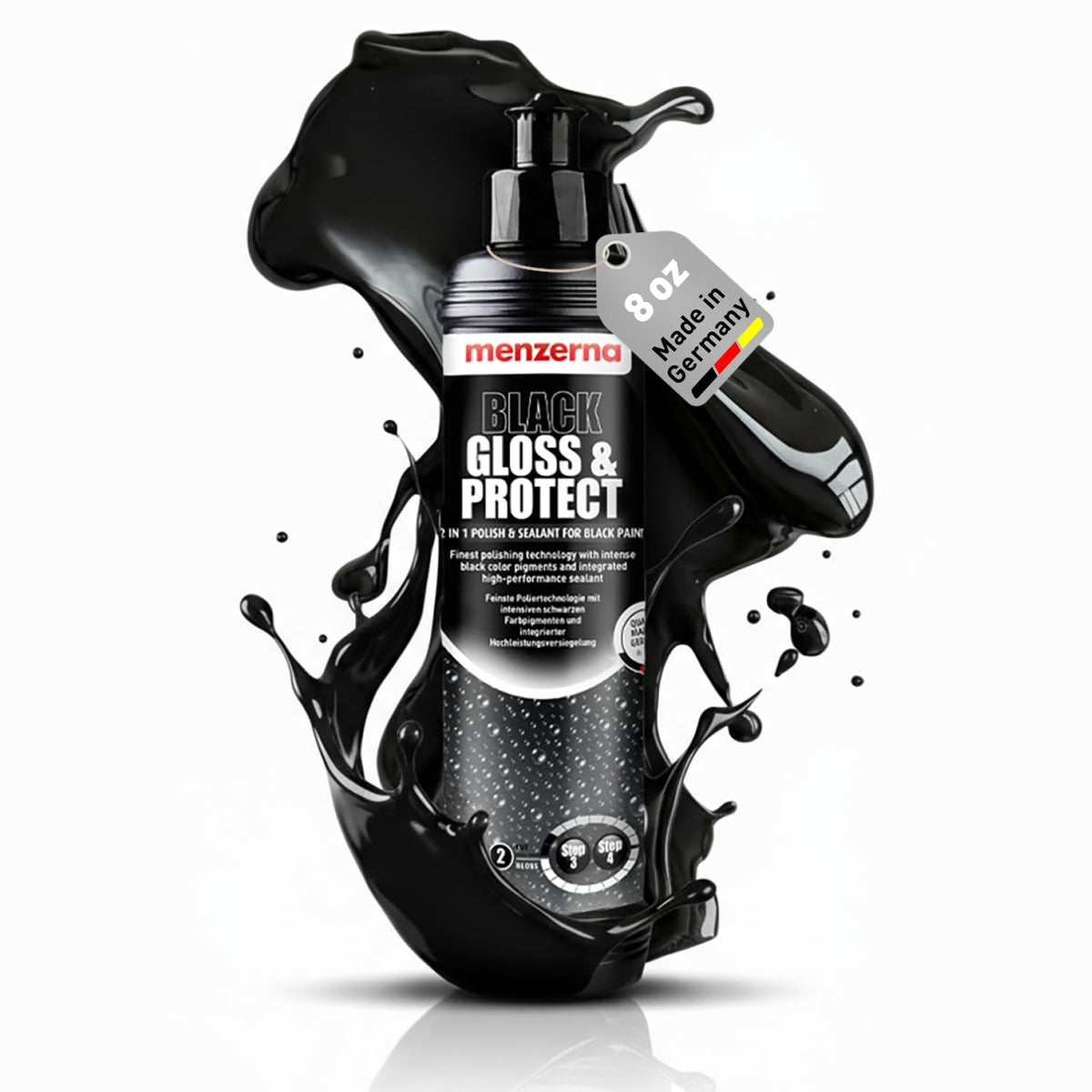 Menzerna Black Gloss & Protect 8oz bottle pour for quick 2-in-1 results