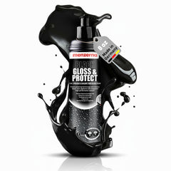 Menzerna Black Gloss & Protect 8oz bottle pour for quick 2-in-1 results